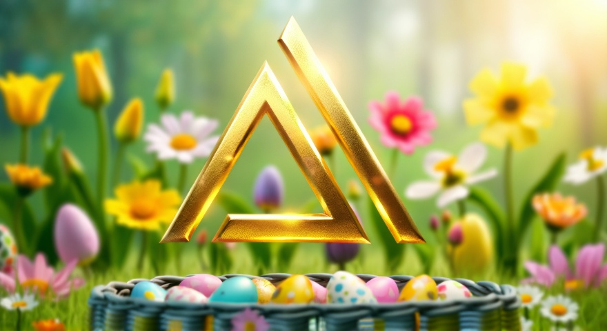 AI-Tools Logo in Gold schwebt über einem Korb mit bunten Ostereiern.