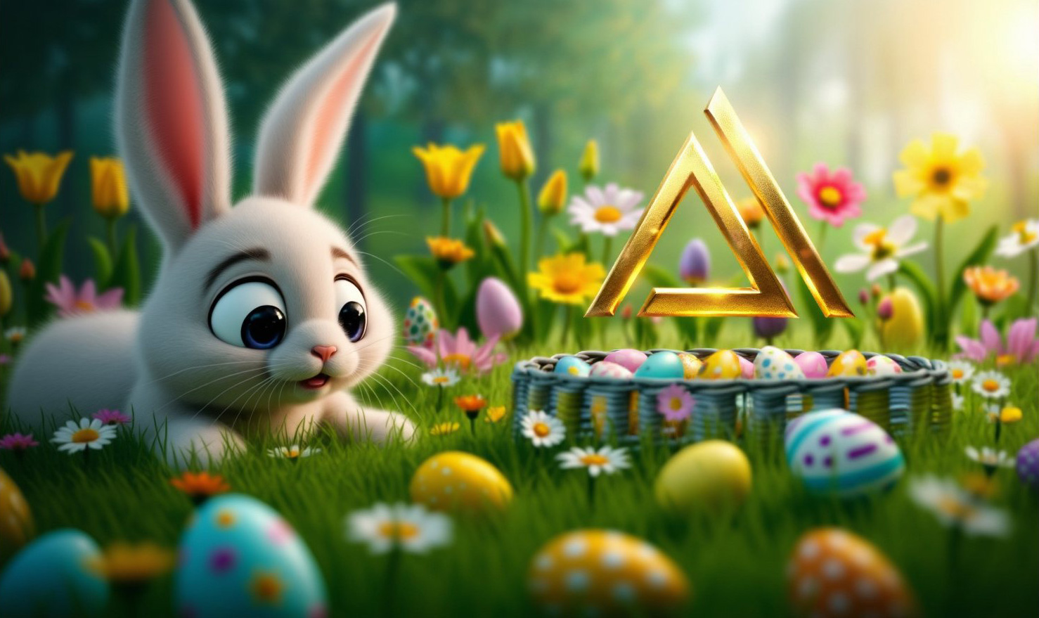 Ergebnis: AI-Tools Logo in Gold schwebt über einem Korb mit bunten Ostereiern. Der Osterhase freut sich.