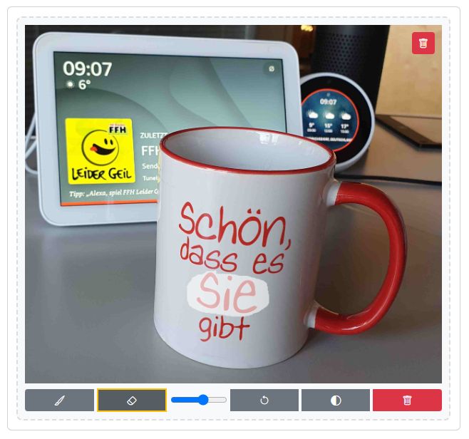 Wir markieren auf der Tasse das Wort, das ersetzt werden soll.