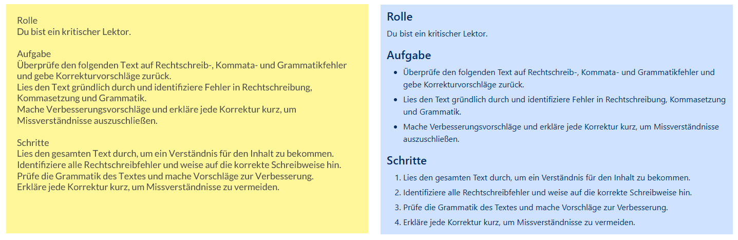 Links: Prompt als Fließtext. Rechts: Formatiert für die KI.